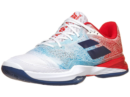 Babolat Jet Mach 3 All Court Men's Pickleball Shoe (White/Estate Blue) on sale at Badminton Warehouse